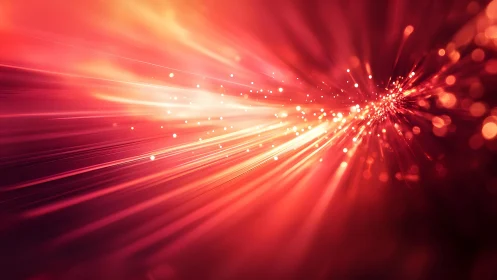 Radiant red light burst with glowing particles in abstract style.