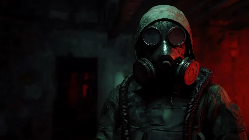 Gas-masked wanderer haunts red-lit ruin of toxic silence.
