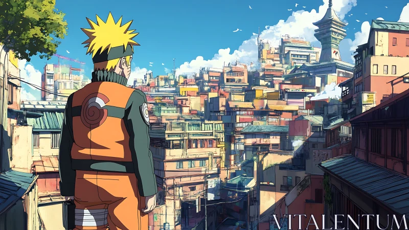 Anime character overlooking dense urban hillside settlement.