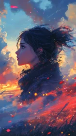 Profile of girl dissolving into blazing abstract skyline