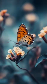 Orange butterfly on small yellow flowers in soft focus field.