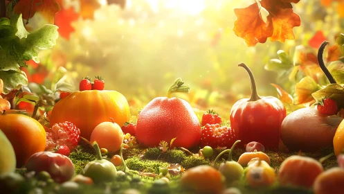 Sunlit autumn harvest still life in glowing forest clearing.