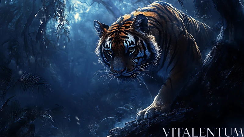 Moonlit jungle tiger stalking through cobalt-shadowed silence.