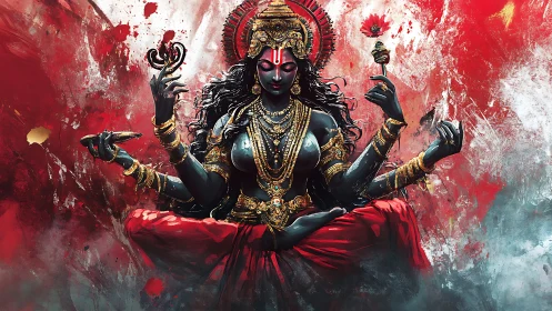 Multi-armed goddess figure in red and gold digital art.