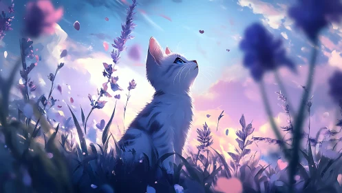 Ethereal feline silhouette gazing at luminescent petals in dreamscape.