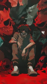 Brooding boy in demon skull cavern under blood-red glow.