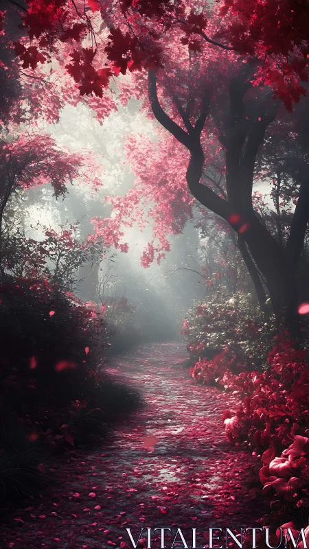 Chromatic Forest Pathway: Magenta Foliage and Architectural Luminescence.