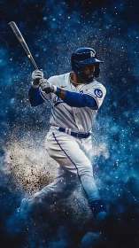 Baseball slugger swings through cosmic blue dust explosion.