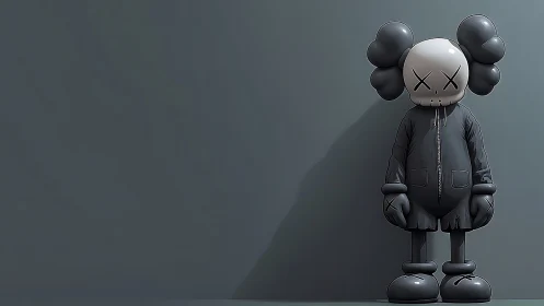 Monochrome vinyl-style figure stands against desaturated wall