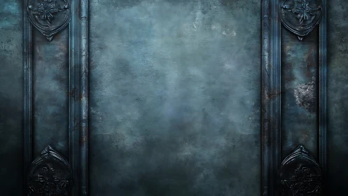 Weathered teal wall with ornate dark metal framing details.