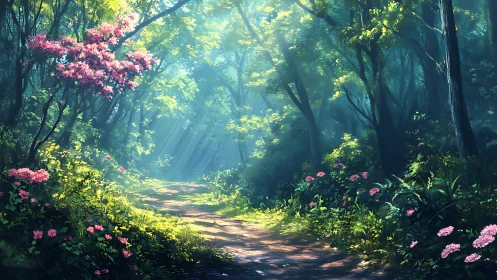 Luminous Forest Path with Blooming Pink Flowers.