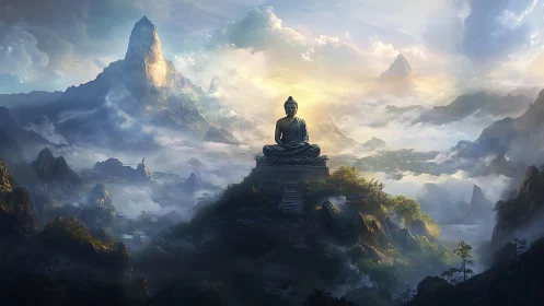 Digital painting of serene Buddha amid misty mountain range.