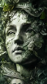 Money-sculpted stone face contemplates nature’s silent decay.