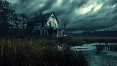 Isolated weathered house by marsh under storm clouds.