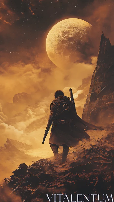 Lone wasteland ranger marching under a swollen ember moon.