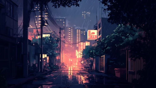 Neon alleyway glows through rainy night in quiet city