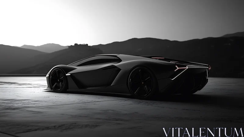 Low-key render isolates matte black hypercar against dusk mountains