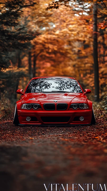 Red BMW sedan poised on autumn forest road at dusk.