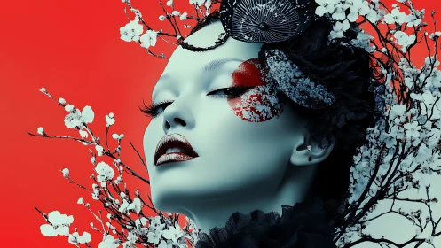 Geisha-inspired cyber muse amid blossoms on red ground.