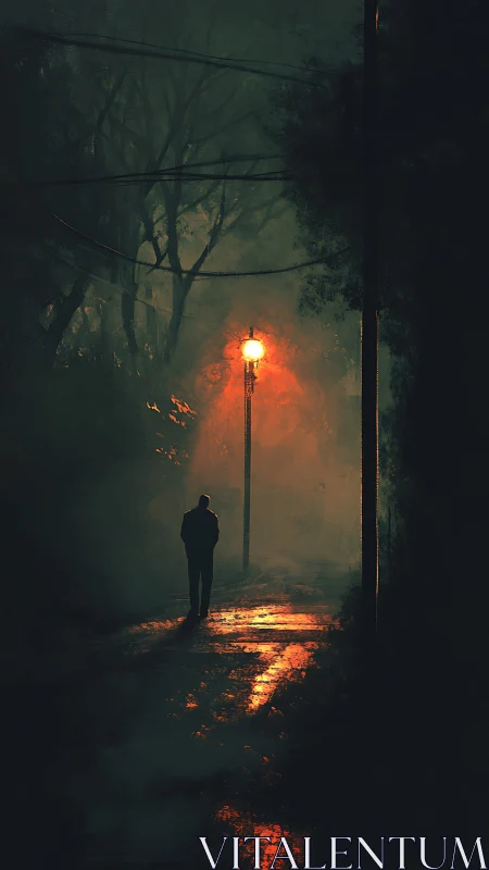 Solitary figure under foggy lamplight on wet night street.