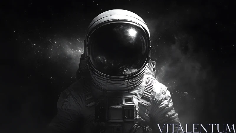 Lone astronaut drifts in starlit cosmic hush of space.