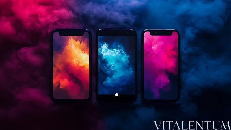 Three pocket nebulae glow as smartphones drift through vapor