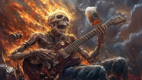 Flaming skeletal guitarist rips a solo in a storm of fire