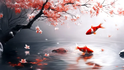 Gentle koi drifting beneath a cloud of cherry petals.