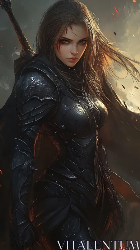 Ashen Valkyrie in blackened armor stalks the embered dusk.