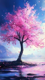 Solitary sakura tree rendered in luminous digital brushwork