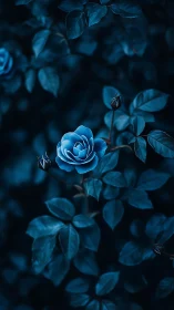 Blue rose bloom positioned centrally among foliage in monochromatic lighting.