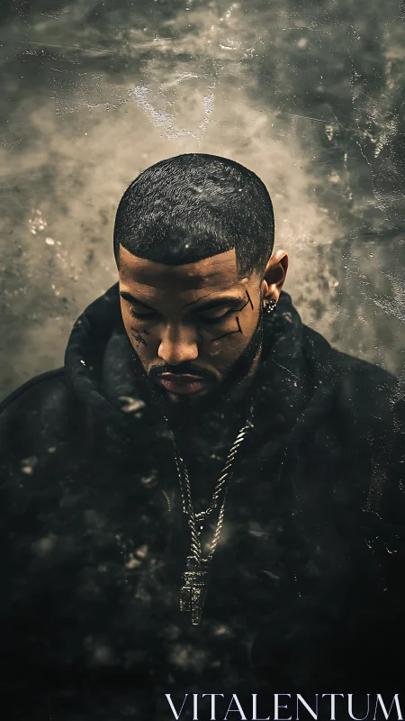 Low-key portrait with grunge textures and moody chiaroscuro lighting.