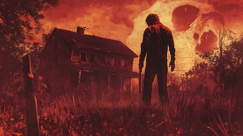 Lone killer confronts haunted house beneath burning skull sky.
