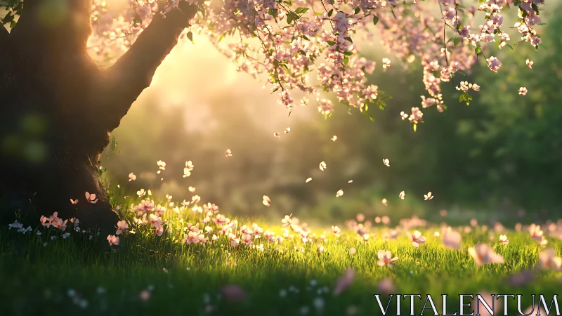 Spring blossom tree with sunlit petals and shallow depth of field