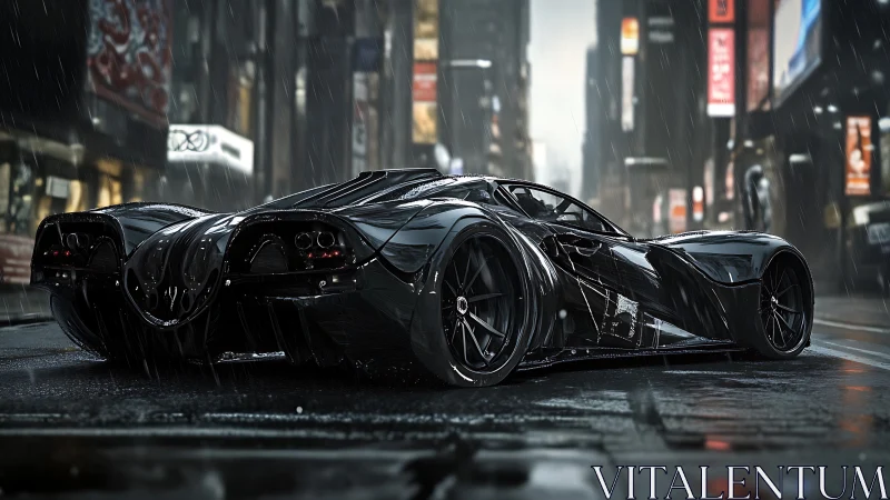 Sleek midnight hypercar prowling through rain-soaked city streets.