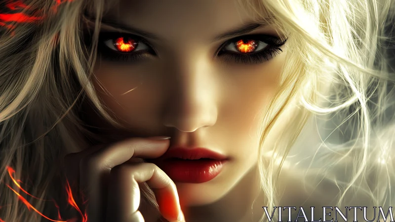 Fiery-eyed sorceress portrait in high-gloss digital realism.
