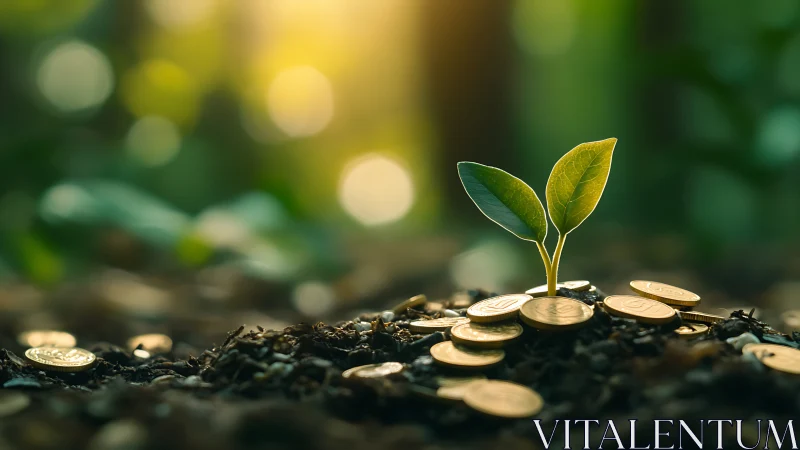 Young plant grows from soil containing scattered gold coins