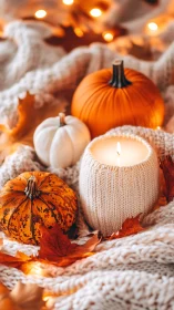 Autumn pumpkins and candle styled on knitted textile in bokeh light