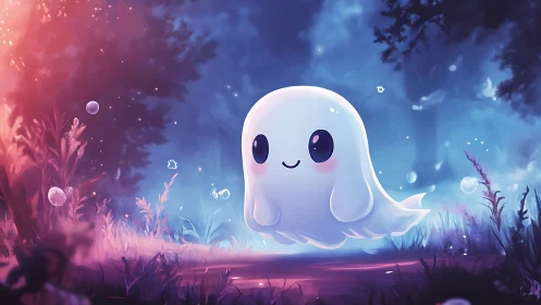 Gentle glowing ghost drifts through a dreamy forest night.
