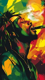 Vibrant digital portrait of relaxed smoker in rasta palette
