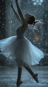 Ballerina poised in shimmering rain under ethereal backlight.