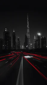 Night city skyline with light trails and tall tower.