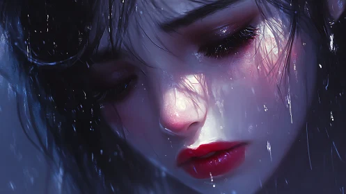 Melancholic close-up of wet girl with downcast gaze.