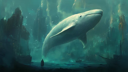 Ethereal Whale Above Submerged Neon Metropolis Composition.
