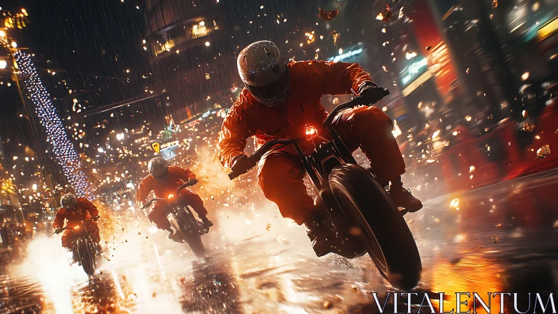 Motorcyclists ride through wet urban street amid particle debris