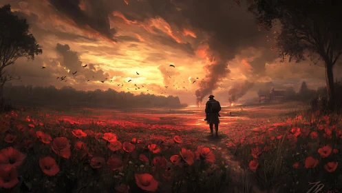 Solitary figure walks through poppy field under burning sky