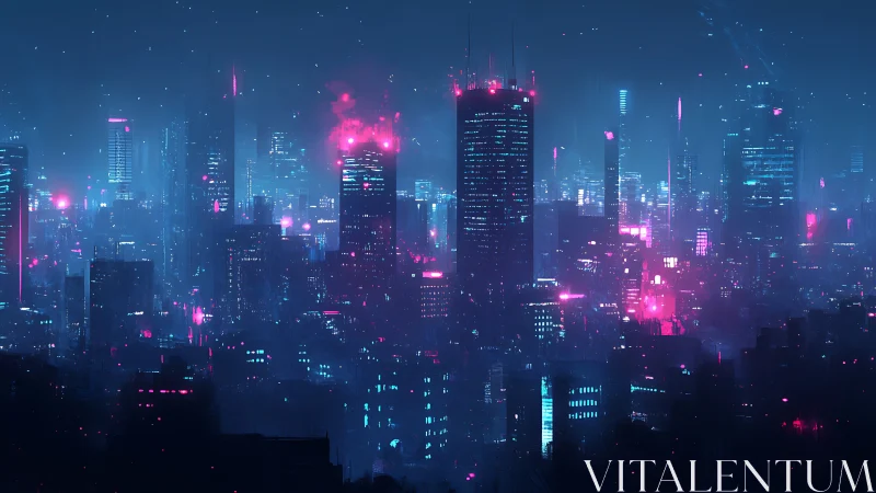 Neon-drenched cyberpunk skyline glows through volumetric haze