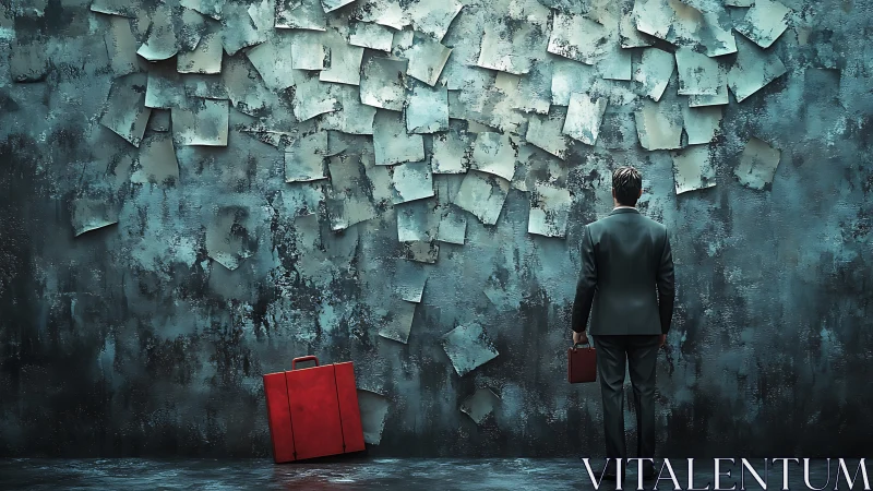 Businessman Confronts Crumbling Wall of Uncertainty.