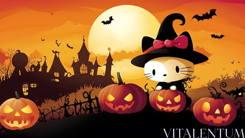 Haunted landscape composition with seated figure wearing witch hat among jack-o-lanterns