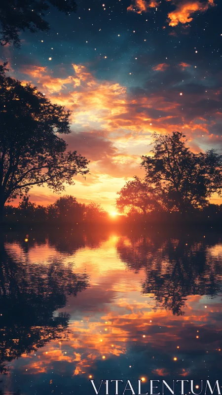 Twilight lake horizon with mirrored fiery cloudscape glow.